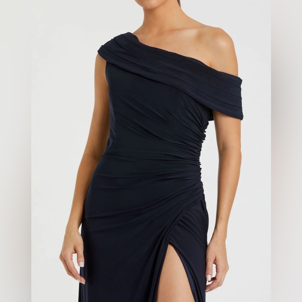 Ieena for Mac Duggal -Navy Foldover Off the Shoulder Slit Gown - Picture 2 of 14